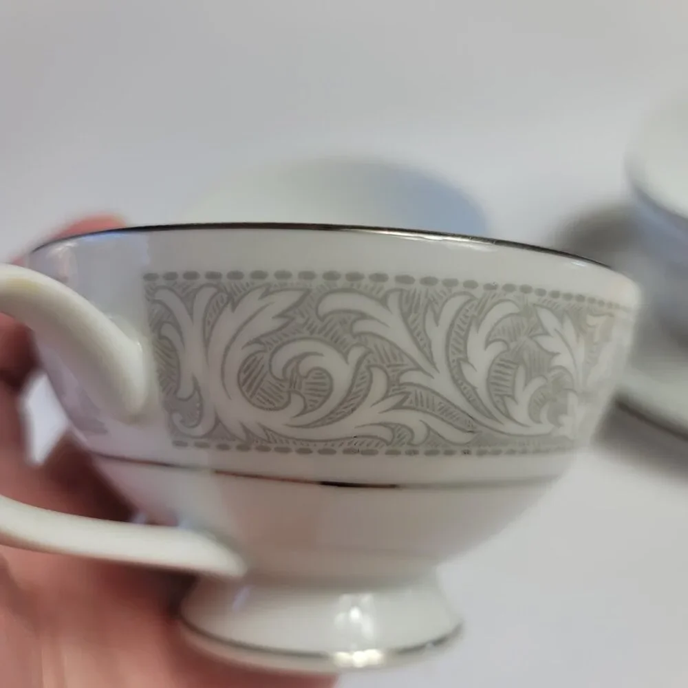 FOUR Imperial China Whitney Cup & Saucers White Gray Band Leaf Scrolls W. Dalton